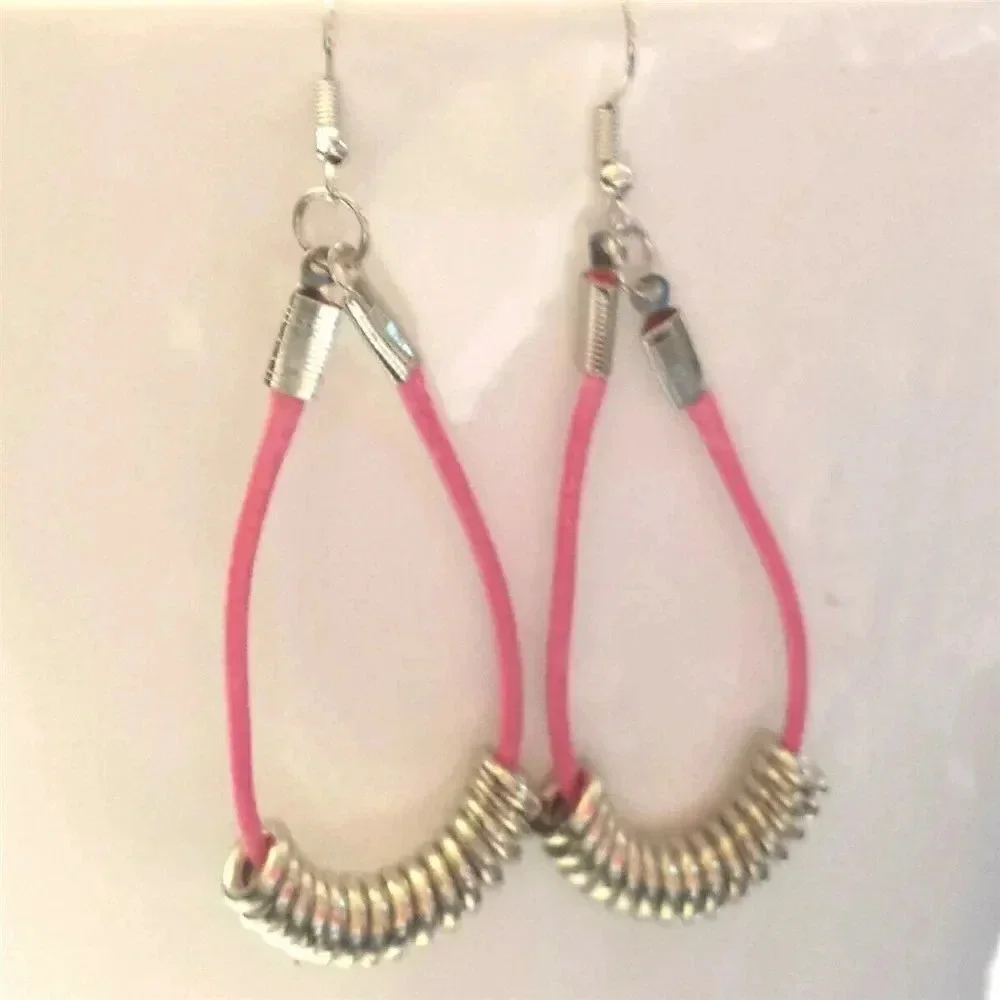 Handmade Pink Long Polyester Cord Silver Tone Rings Dangle Hoop Earrings